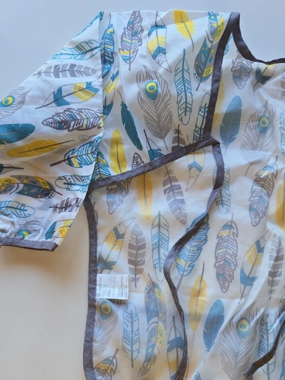 Feather Print Long Sleeve Baby Bib - Yellow Teal Gray